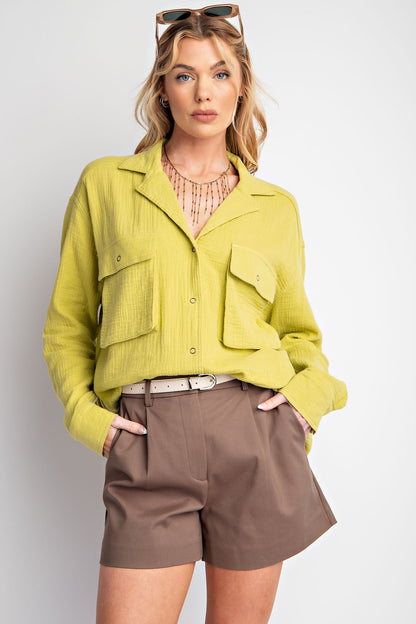 Easel Cotton Gauze Button Down Top in Matcha Latte