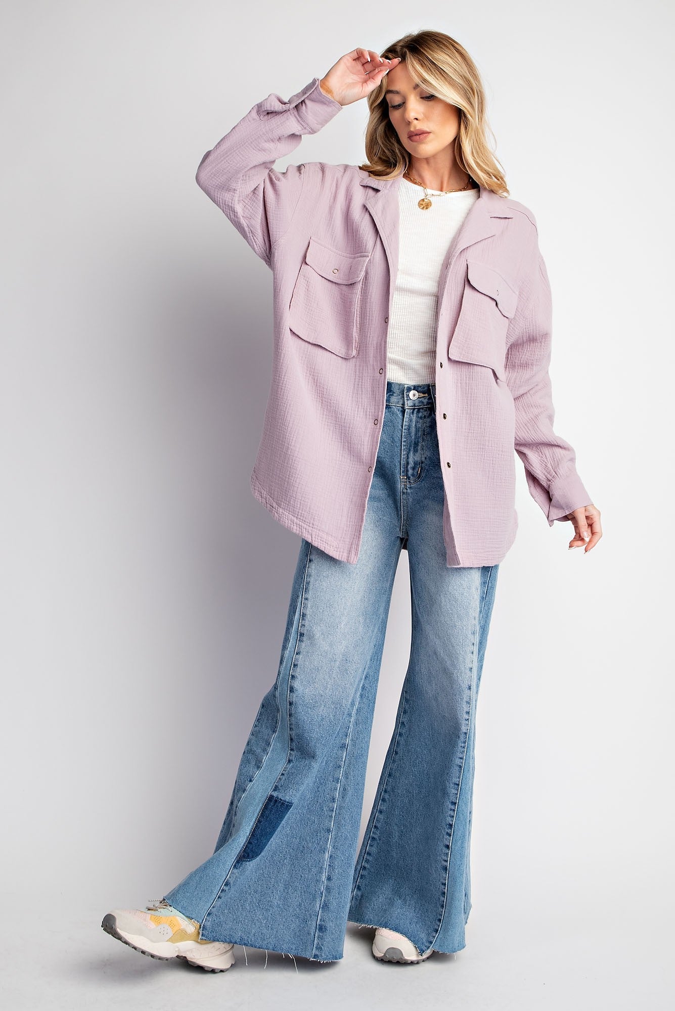 Easel Cotton Gauze Button Down Top in Mushroom