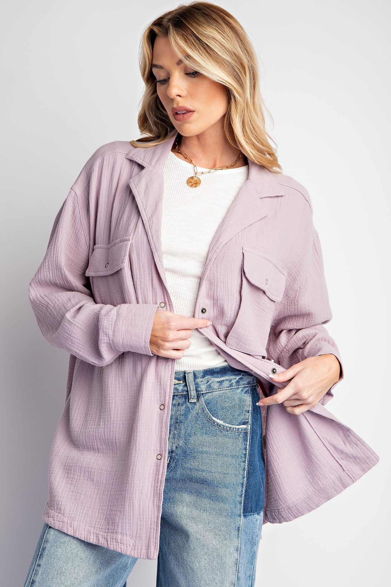 Easel Cotton Gauze Button Down Top in Mushroom