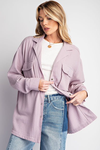 Easel Cotton Gauze Button Down Top in Mushroom