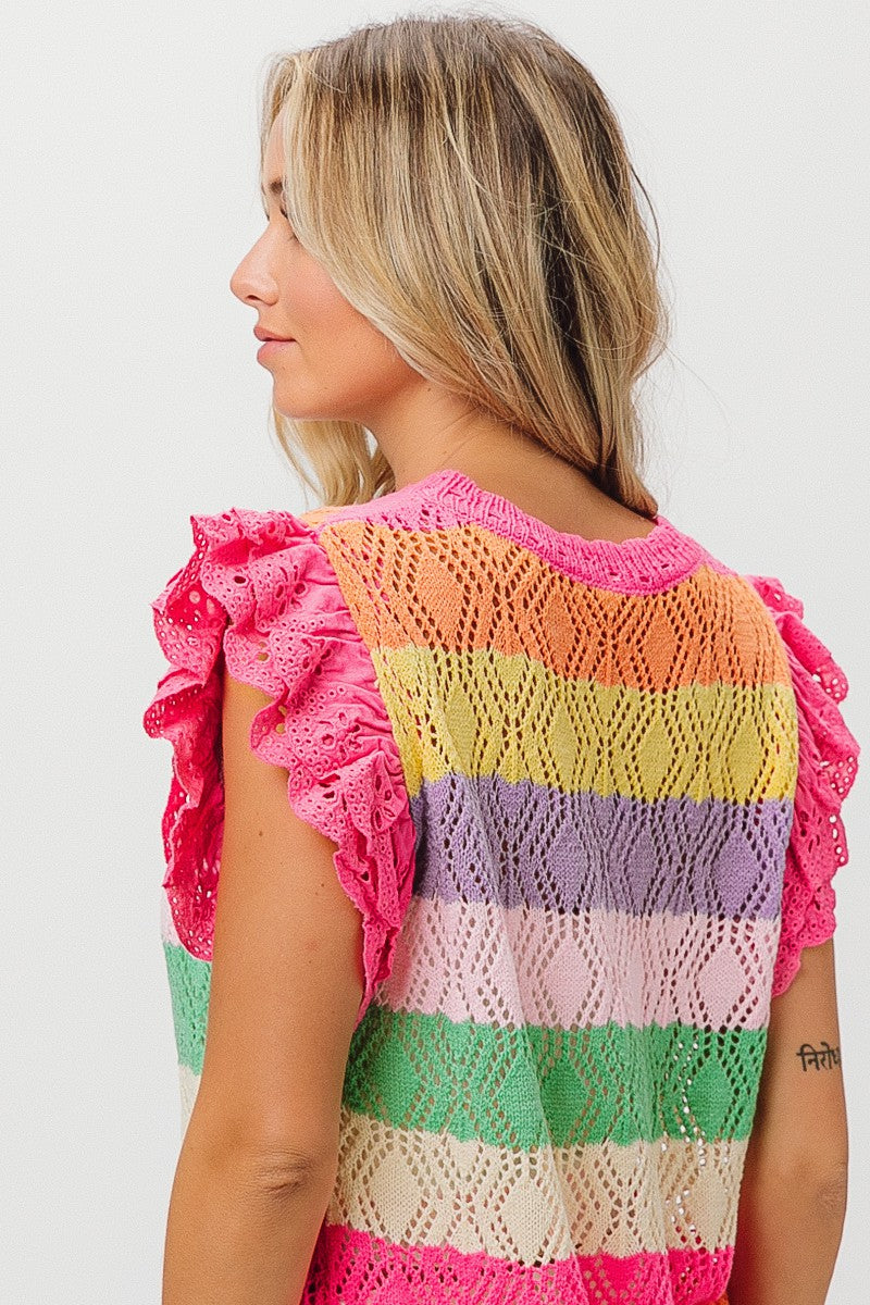 BiBi Open Knit Pointelle Top in Fuchsia Combo