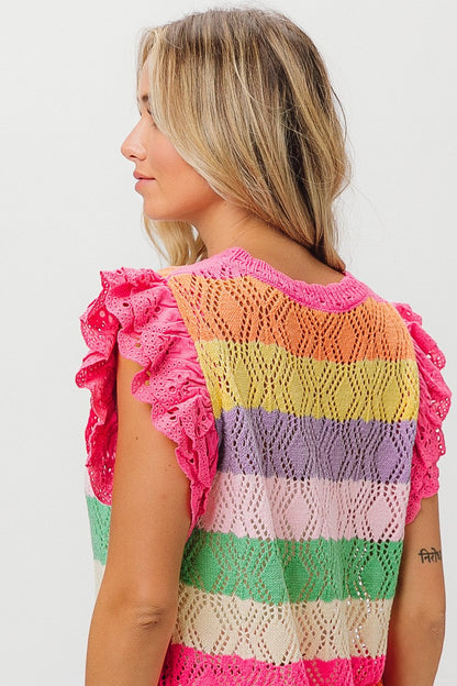 BiBi Open Knit Pointelle Top in Fuchsia Combo