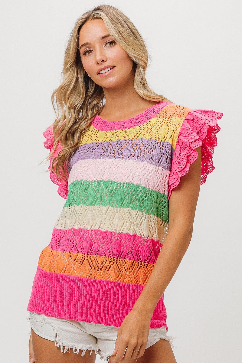 BiBi Open Knit Pointelle Top in Fuchsia Combo