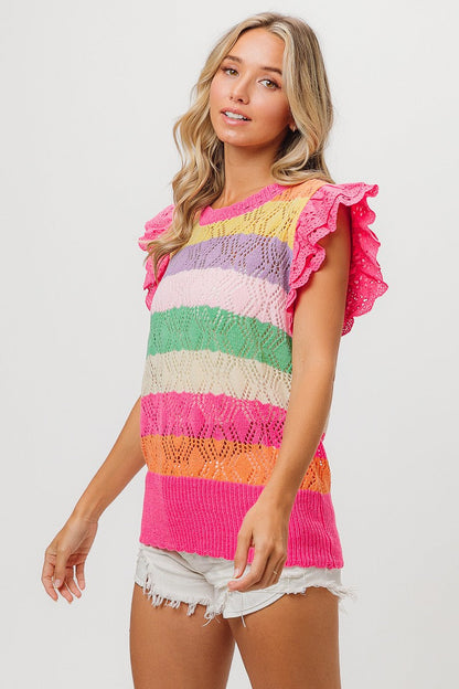 BiBi Open Knit Pointelle Top in Fuchsia Combo