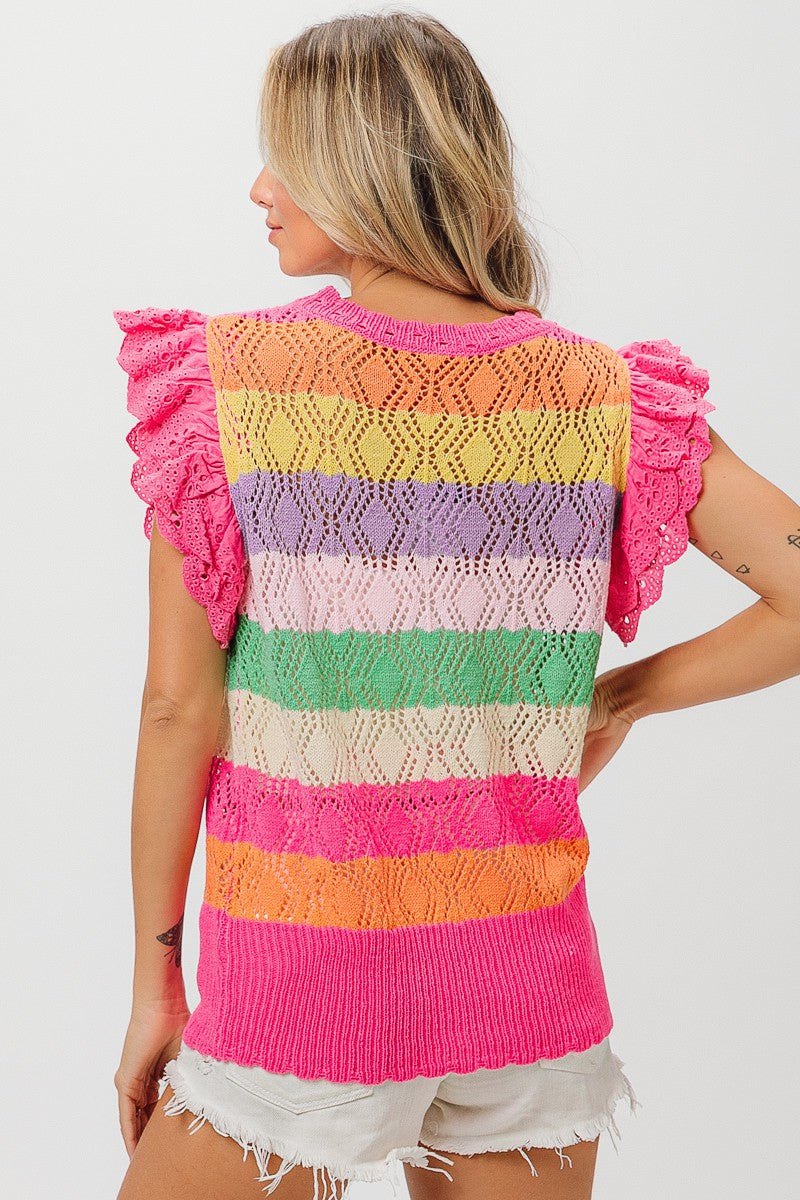 BiBi Open Knit Pointelle Top in Fuchsia Combo