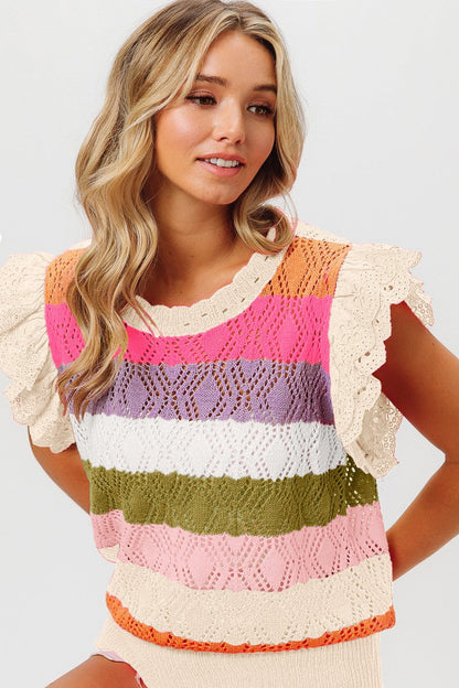 BiBi Open Knit Pointelle Top in Oatmeal Combo