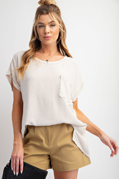 Easel Solid Color Cotton and Linen Blend Top in Oatmeal