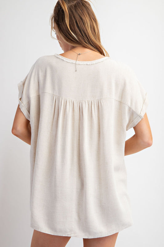 Easel Solid Color Cotton and Linen Blend Top in Oatmeal