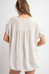 Easel Solid Color Cotton and Linen Blend Top in Oatmeal