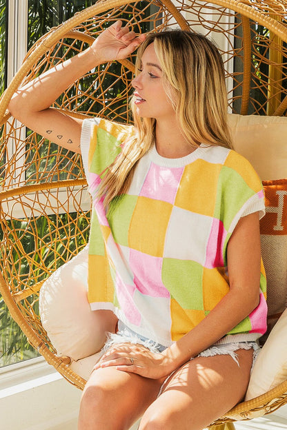 BiBi Multi Colored Checkered Pattern Sweater Vest Top in Lemon/Lime/Blush