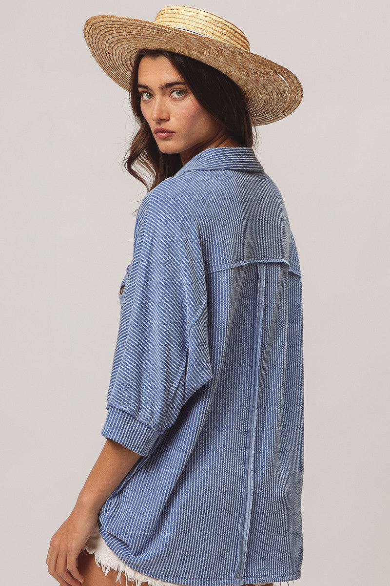 BiBi Waved Ribbed Top in Denim