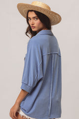 BiBi Waved Ribbed Top in Denim