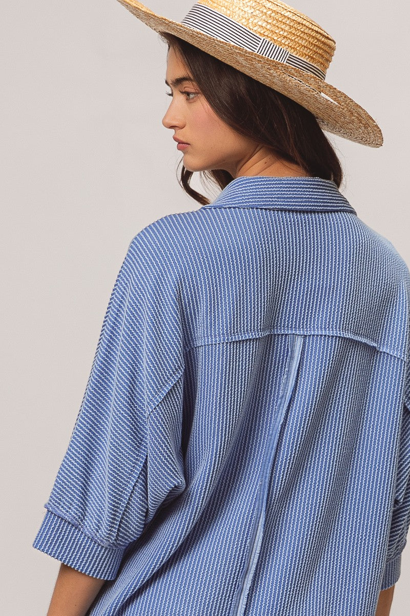 BiBi Waved Ribbed Top in Denim