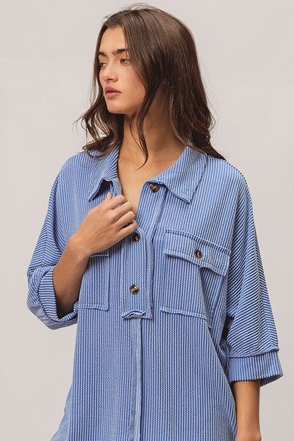 BiBi Waved Ribbed Top in Denim