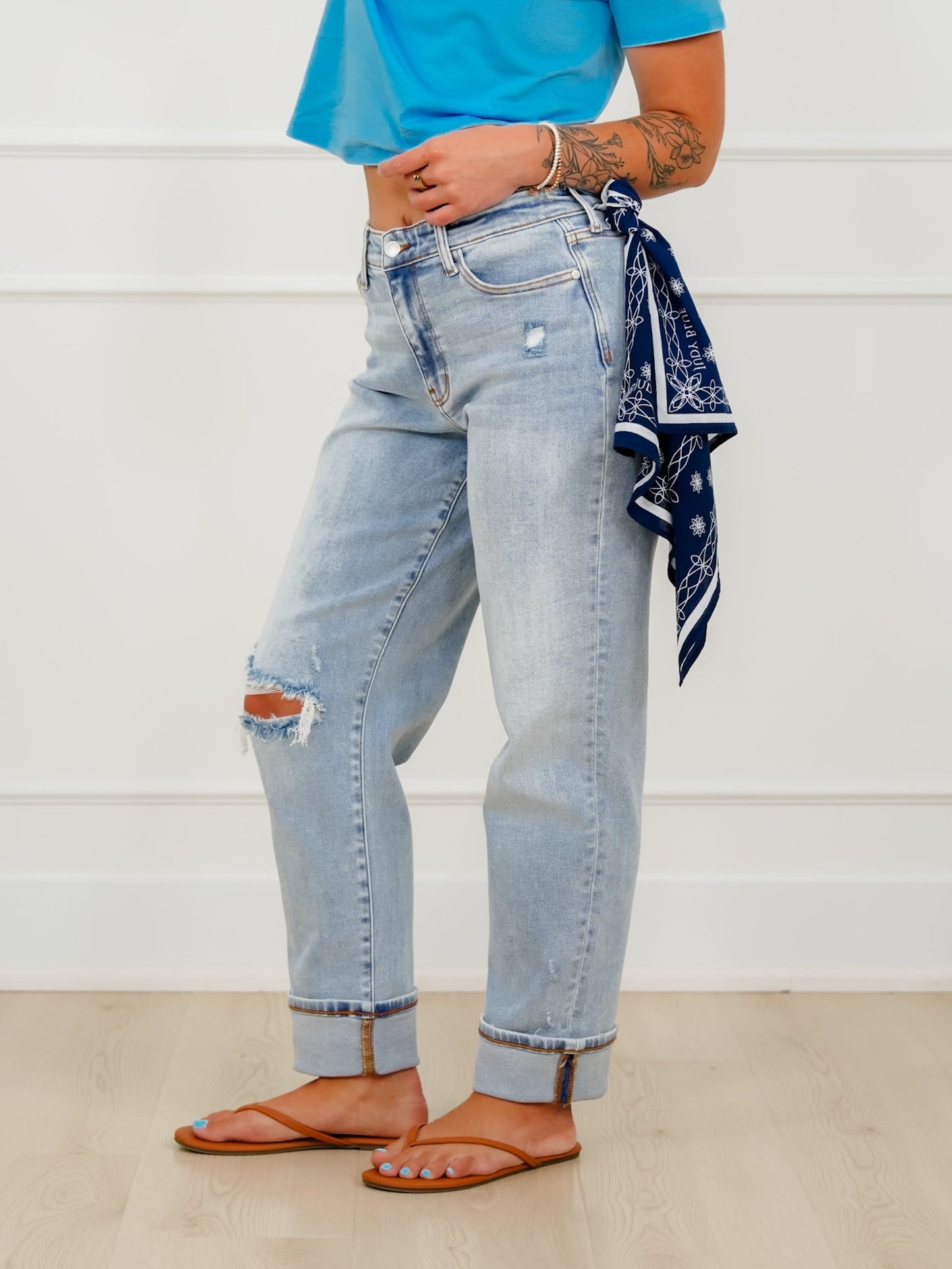 Judy Blue Mid Rise Light Wash Distressed Boyfriend Jeans With Bandana Loop