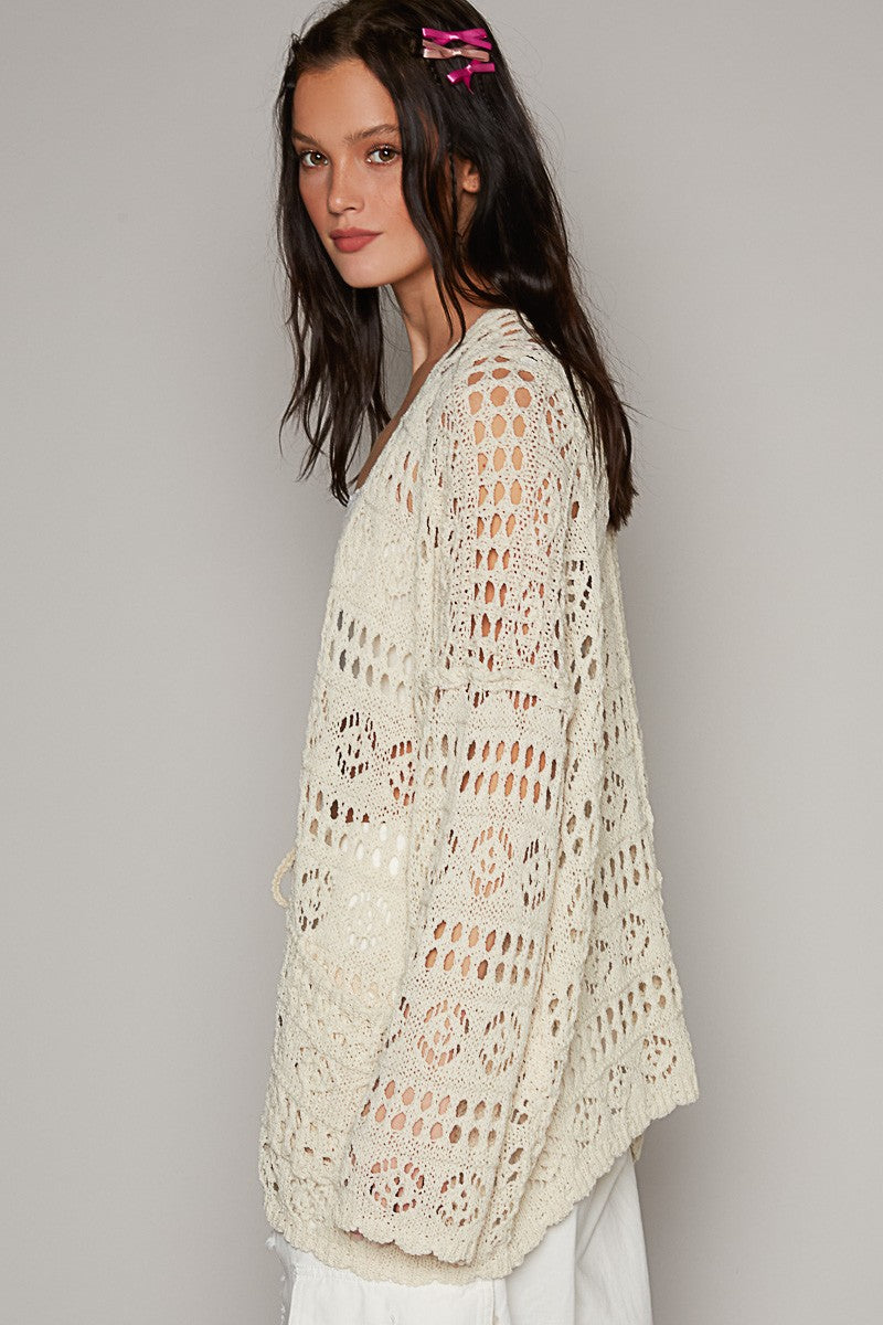 POL Contrasting Pattern Knitted Open Front Cardigan in Natural ON ORDER