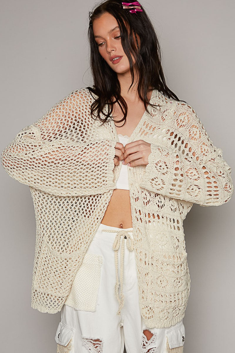 POL Contrasting Pattern Knitted Open Front Cardigan in Natural ON ORDER