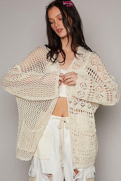 POL Contrasting Pattern Knitted Open Front Cardigan in Natural ON ORDER