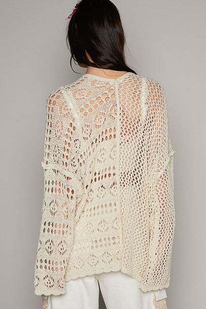 POL Contrasting Pattern Knitted Open Front Cardigan in Natural ON ORDER