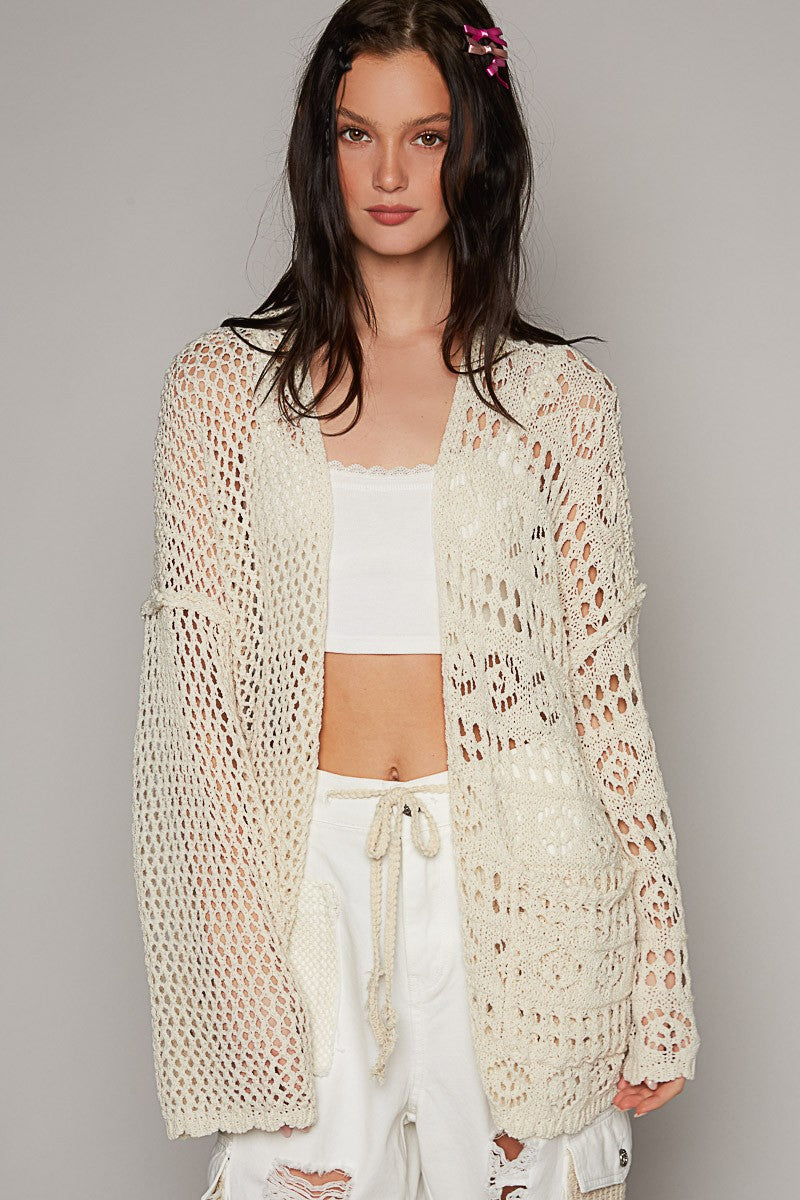 POL Contrasting Pattern Knitted Open Front Cardigan in Natural ON ORDER