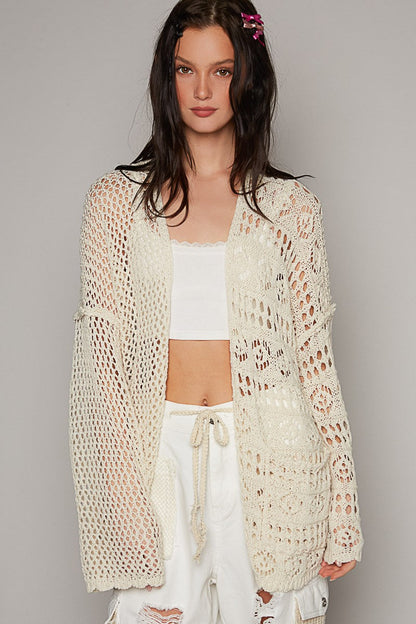 POL Contrasting Pattern Knitted Open Front Cardigan in Natural ON ORDER