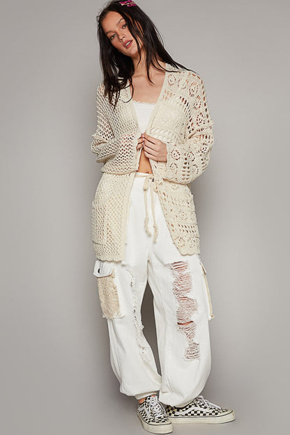 POL Contrasting Pattern Knitted Open Front Cardigan in Natural ON ORDER