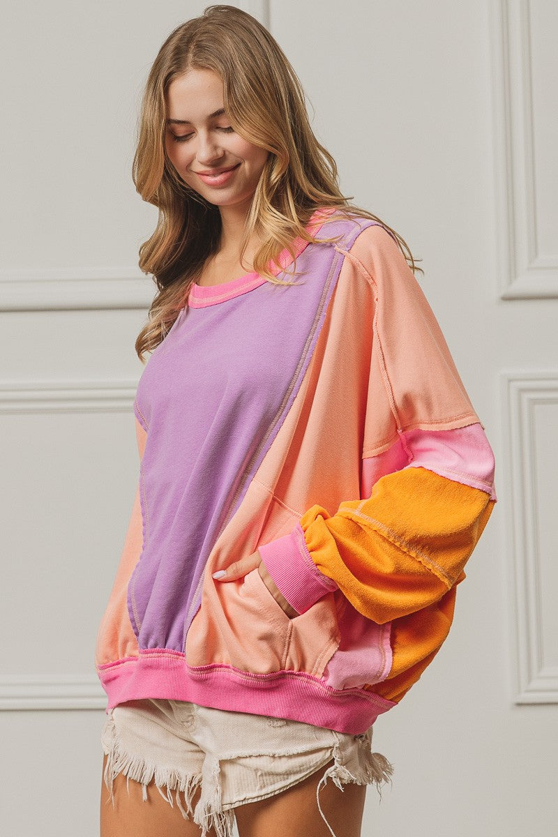 BiBi Color Block French Terry Top in Lavender/Peach/Fuchsia