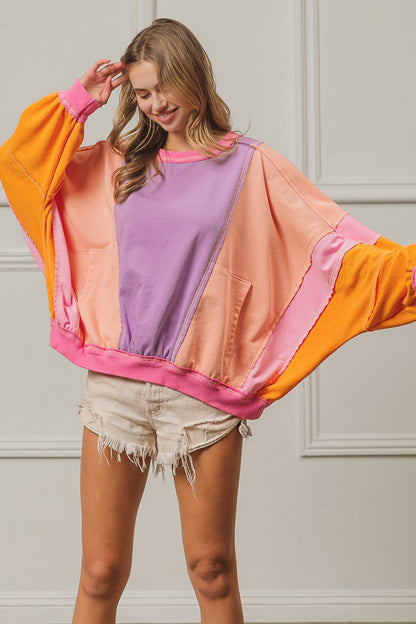 BiBi Color Block French Terry Top in Lavender/Peach/Fuchsia