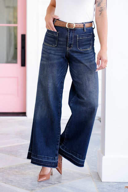 Judy Blue High Rise Dark Wash Palazzo Jeans with Front Patch Pockets