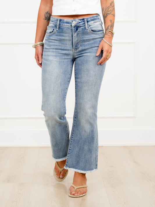 Judy Blue Mid Rise Light Wash Frayed Hem Kick Flare Jeans