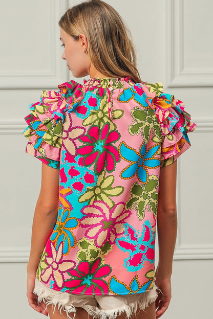 BiBi Floral Print Top with Ruffled Sleeves in Pink Multi
