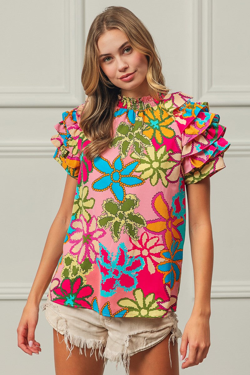 BiBi Floral Print Top with Ruffled Sleeves in Pink Multi