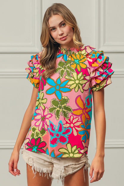 BiBi Floral Print Top with Ruffled Sleeves in Pink Multi