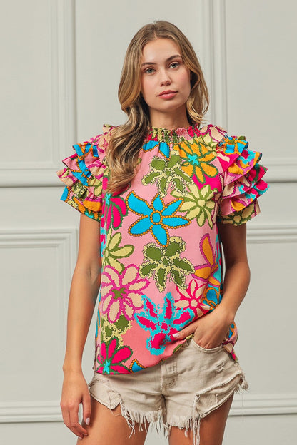 BiBi Floral Print Top with Ruffled Sleeves in Pink Multi
