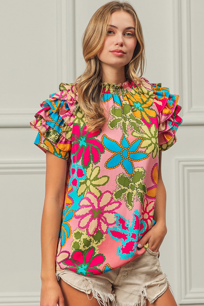 BiBi Floral Print Top with Ruffled Sleeves in Pink Multi