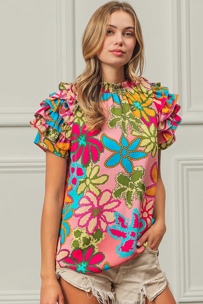 BiBi Floral Print Top with Ruffled Sleeves in Pink Multi