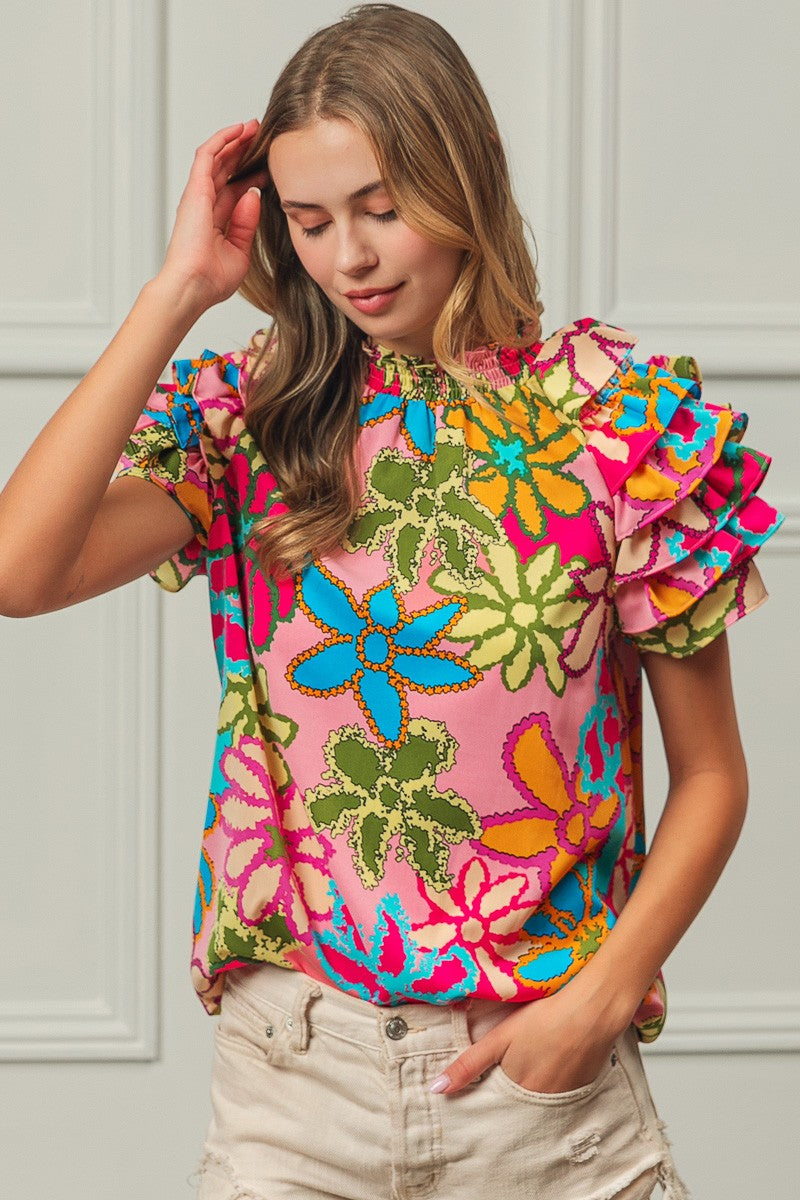 BiBi Floral Print Top with Ruffled Sleeves in Pink Multi