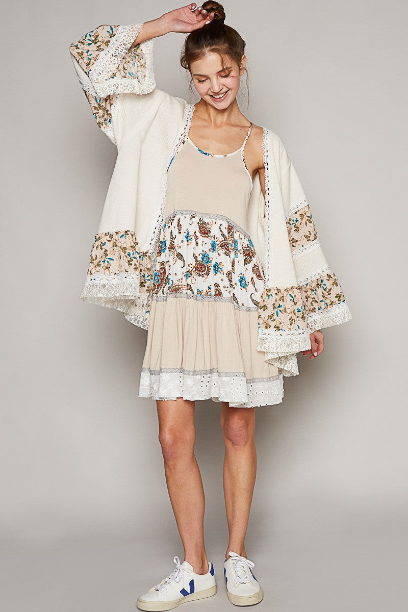 POL Open Front Mixed Cardigan in Cream Multi