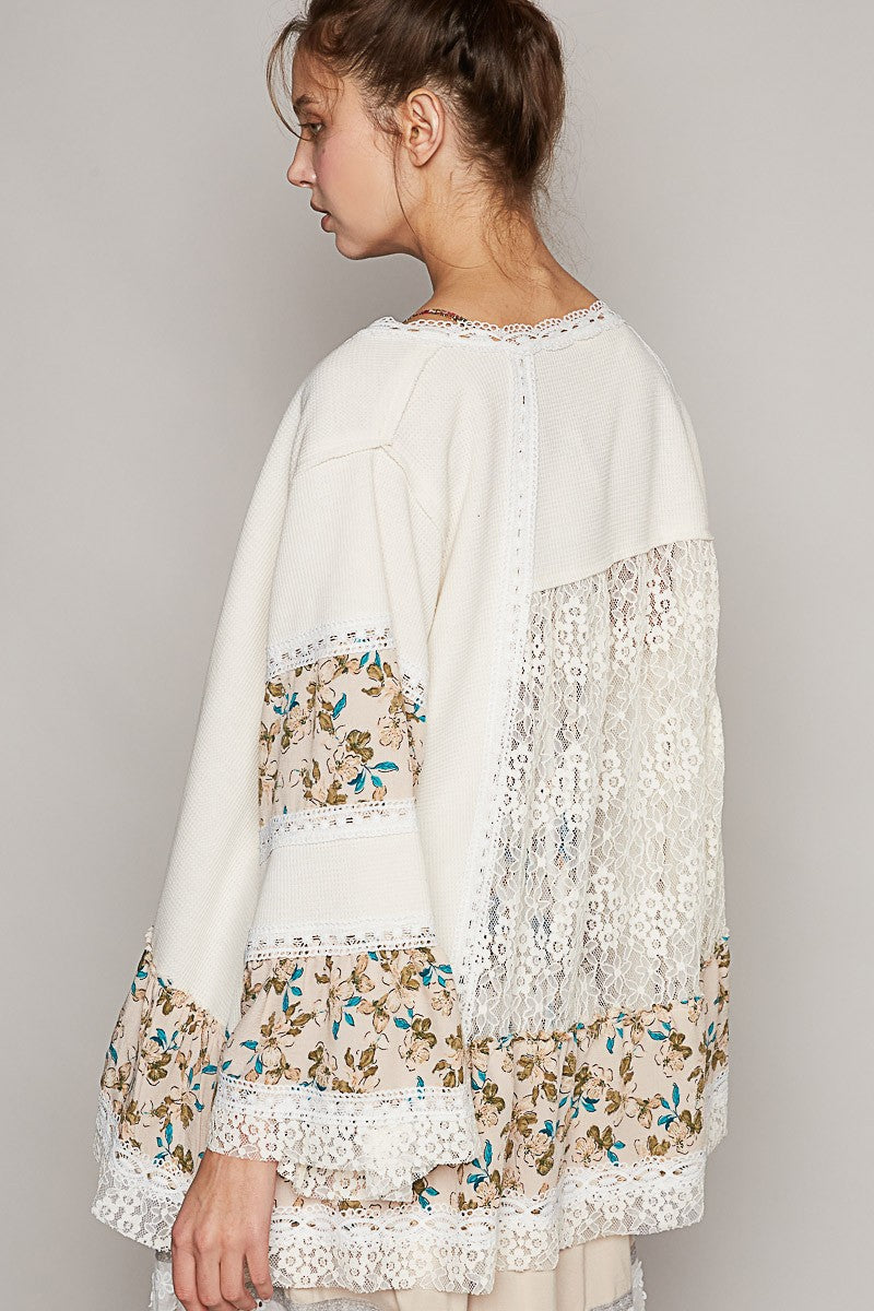 POL Open Front Mixed Cardigan in Cream Multi