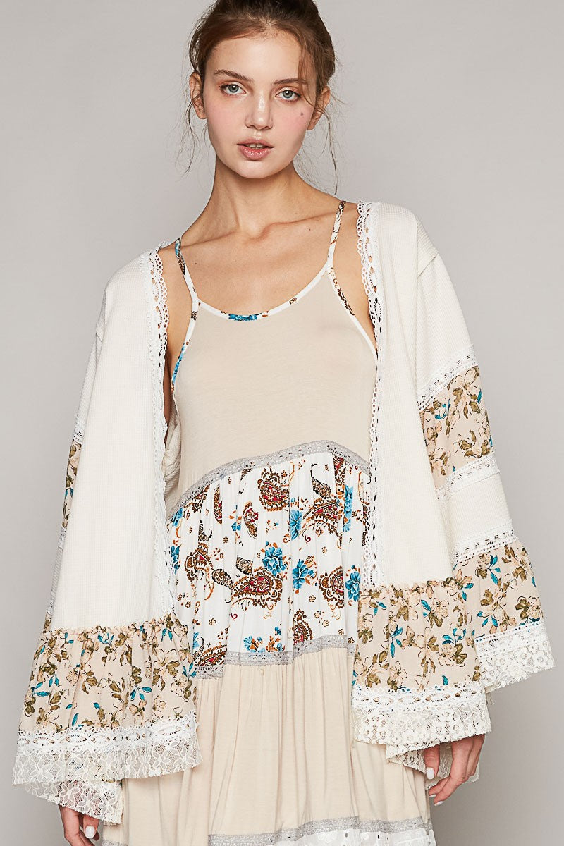 POL Open Front Mixed Cardigan in Cream Multi