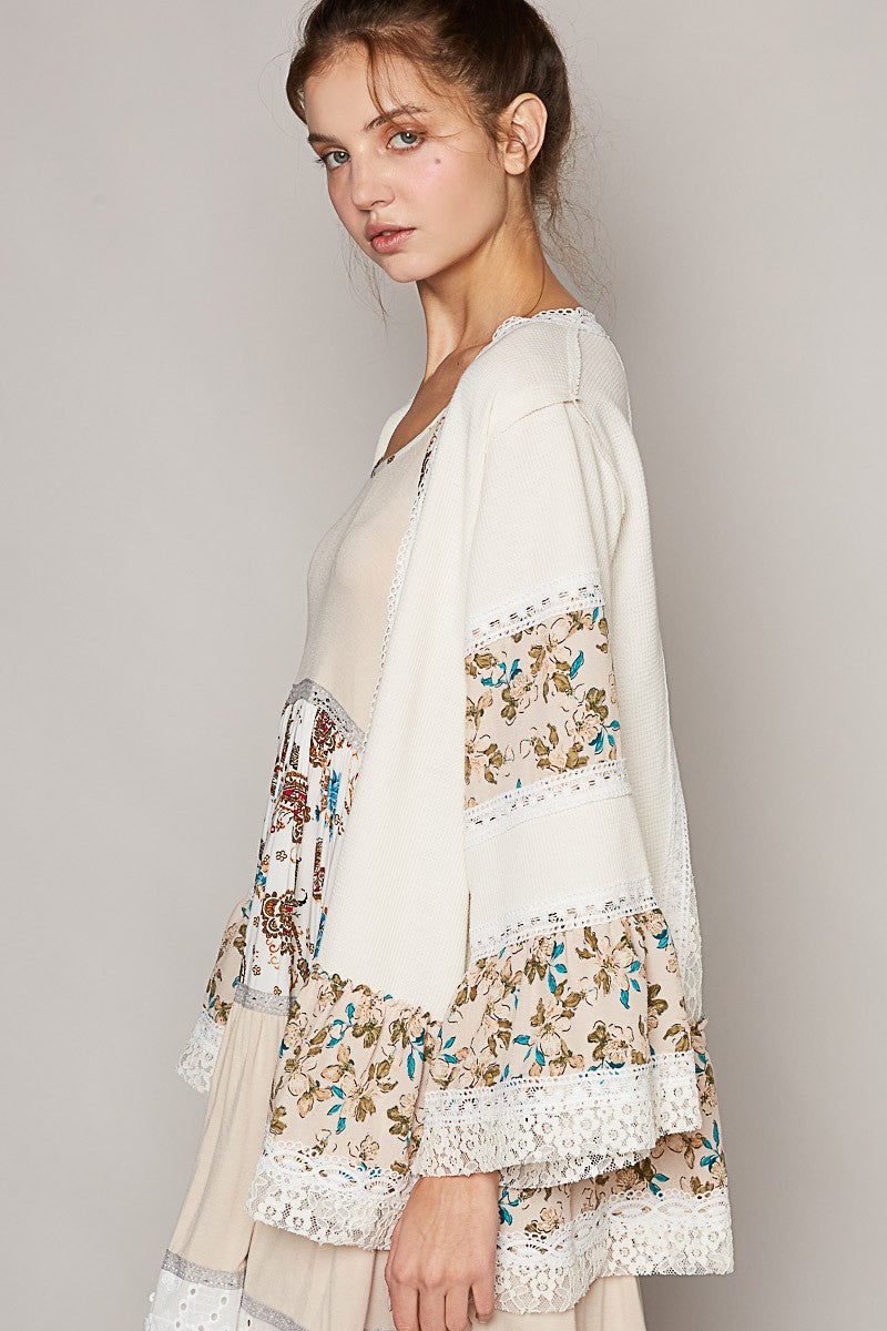 POL Open Front Mixed Cardigan in Cream Multi
