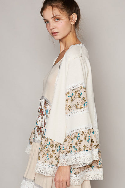 POL Open Front Mixed Cardigan in Cream Multi