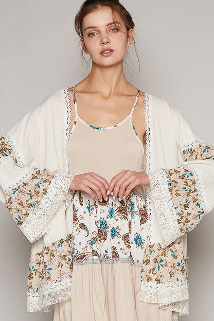POL Open Front Mixed Cardigan in Cream Multi
