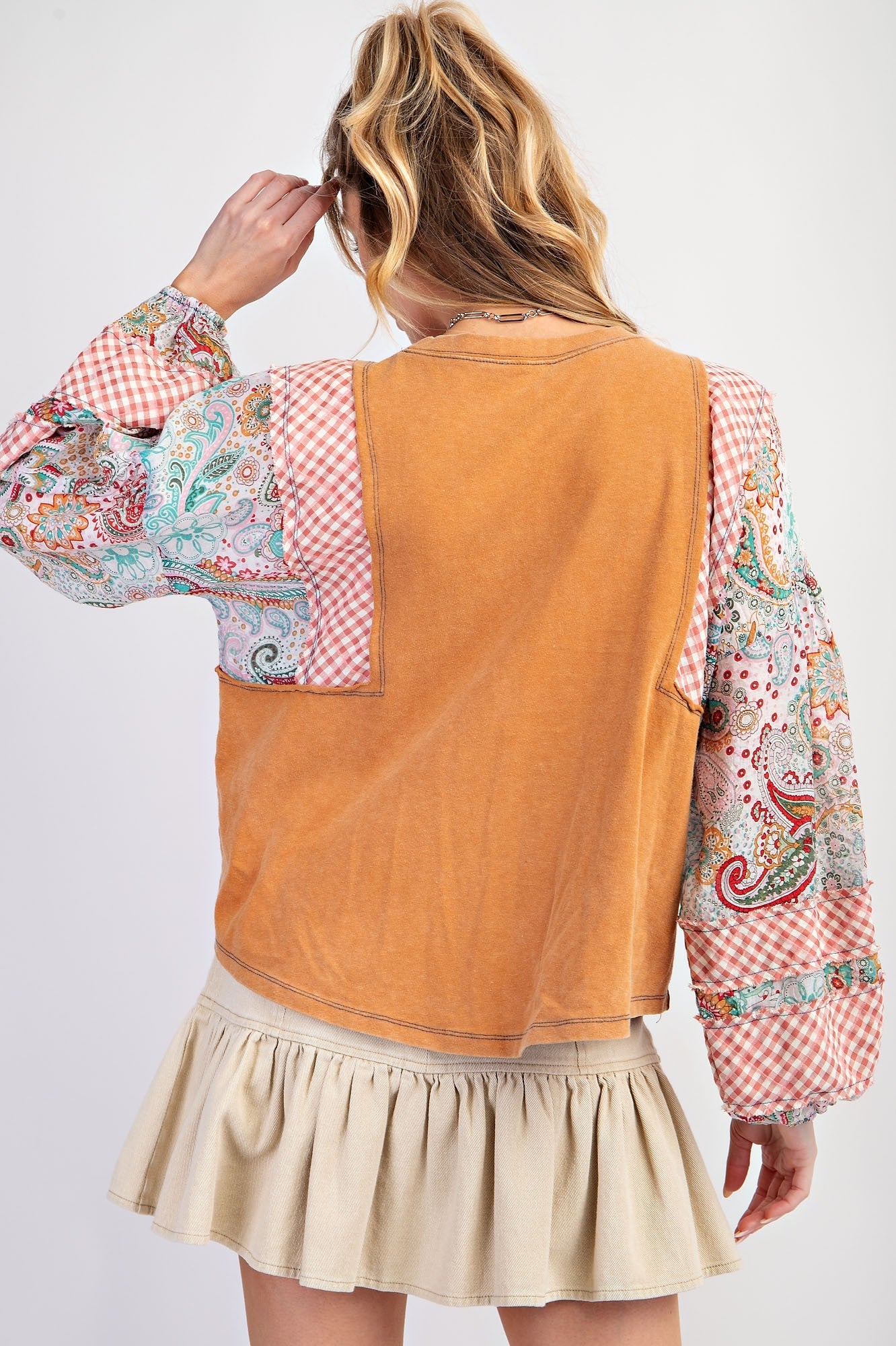 Easel Mineral Washed Top with Contrasting Print Sleeves in Camel