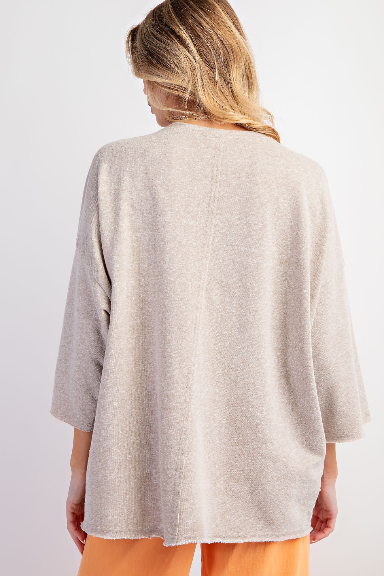 Easel Solid Color Top with Stripe Pattern Peace Sign Patch in Oatmeal