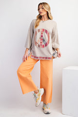 Easel Solid Color Top with Stripe Pattern Peace Sign Patch in Oatmeal