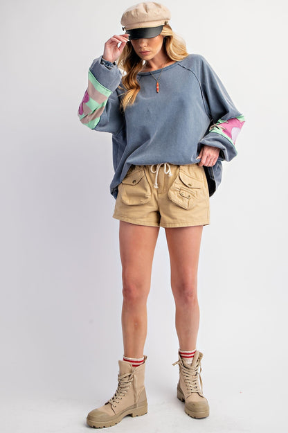 Easel Terry Knit Pullover Top with Flower Patch Details in Washed Denim