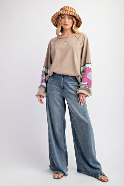Easel Terry Knit Pullover Top with Flower Patch Details in Mushroom