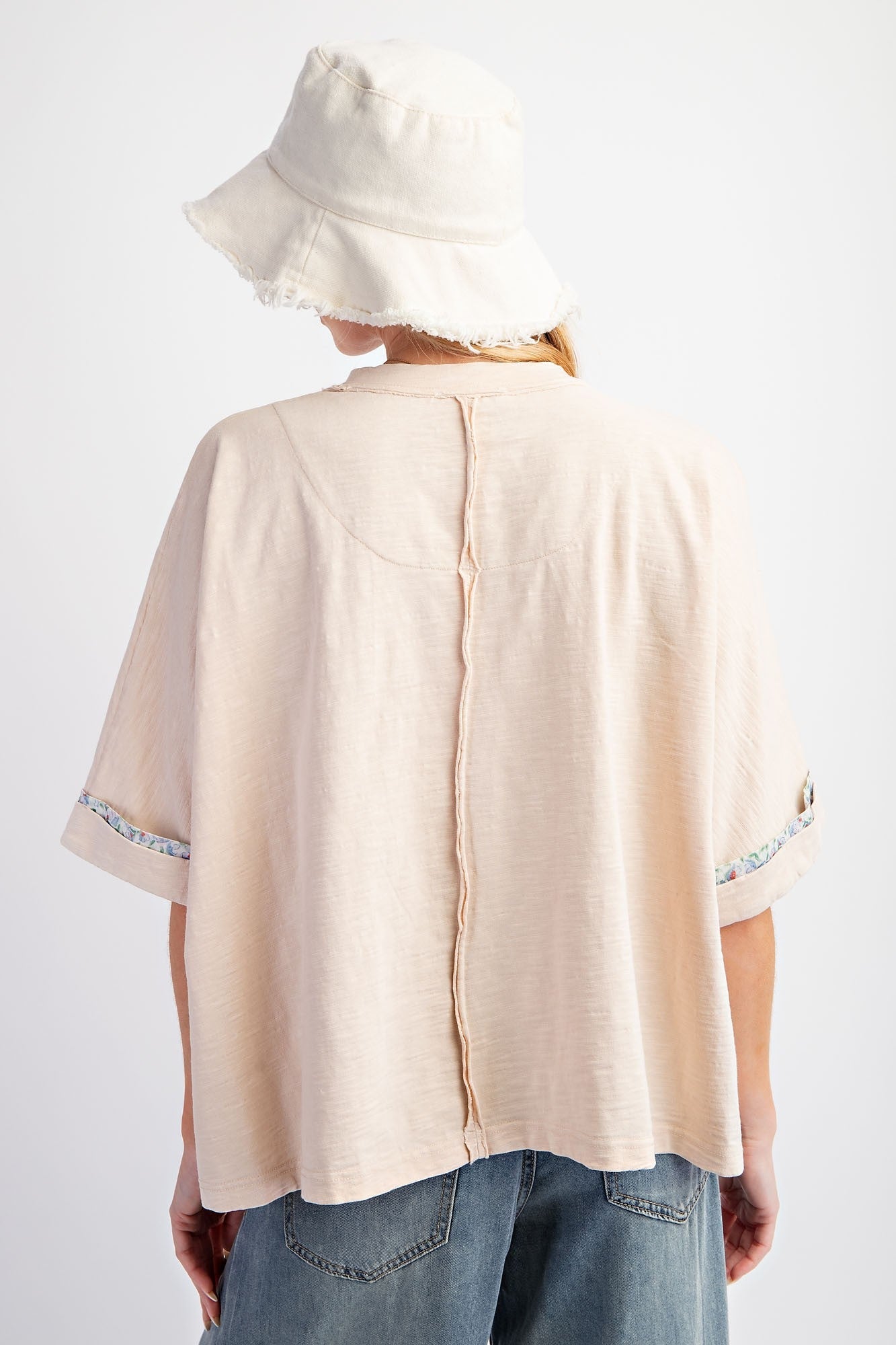 Easel Mineral Washed Cotton Top with Flower Patch in Cream