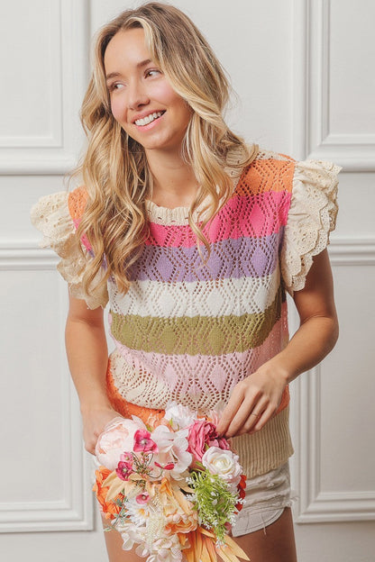 BiBi Open Knit Pointelle Top in Oatmeal Combo